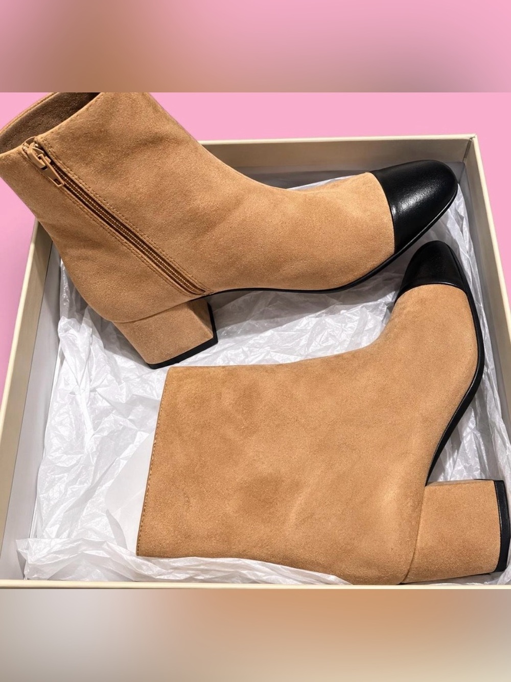 New Janette Camel Black Cap Toe Ankle Boots Size 10.5